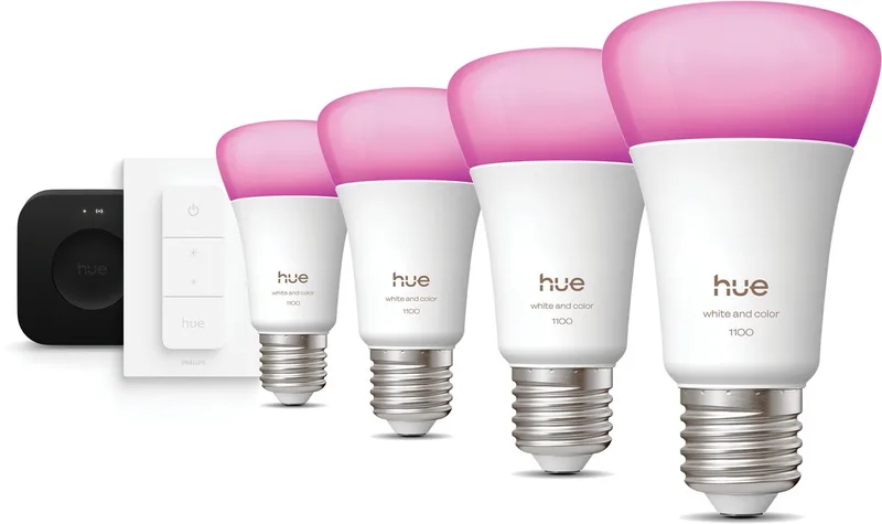 Starterspakket - E27 - met 4 Standaard lampen - Wit en Gekleurd Licht - Incl. Hue Bridge Pro, Hue Dimmer Switch - Hue White and Color Ambiance von Philips Hue in Schwarz – Produktfoto