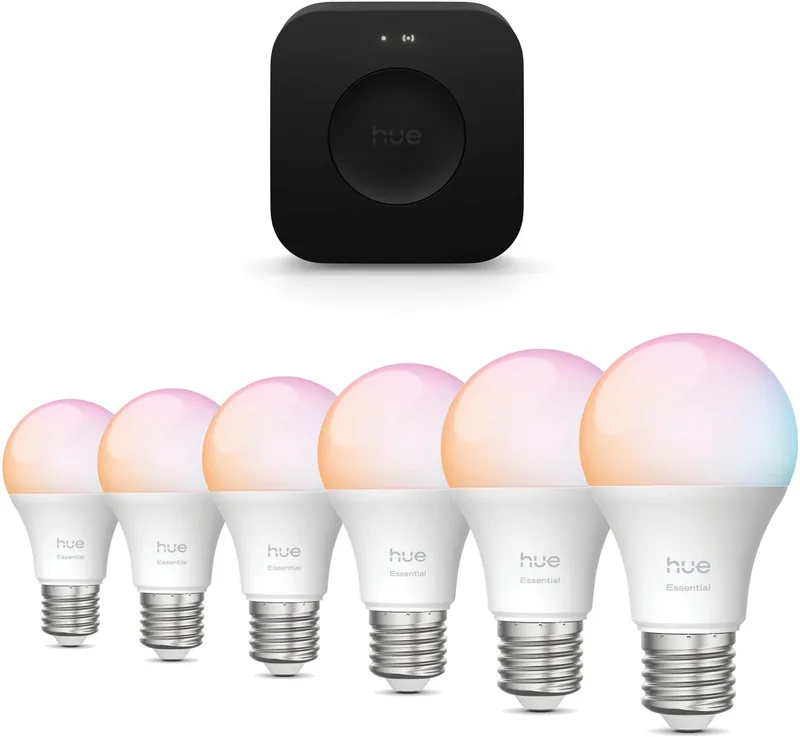 Starterspakket - E27 - met 6 Standaard lampen - Wit en Gekleurd Licht - Incl. Hue Bridge Pro- Hue White an Color Ambiance Essentials de Philips Hue en Noir – photo produit