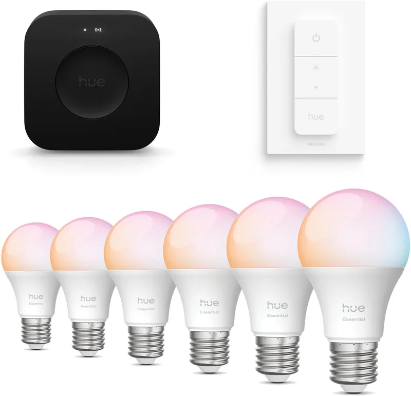 Starterspakket - E27 - met 6 Standaard lampen - Wit en Gekleurd Licht - Incl. Hue Bridge Pro, Hue Dimmer Switch - Hue White an Color Ambiance Essentials von Philips Hue in Schwarz – Produktfoto