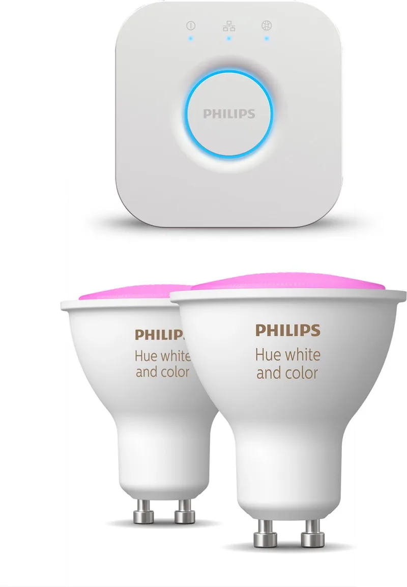Starterspakket - GU10 - met 2 Spotjes - en Gekleurd Licht - Incl. 1 Hue Bridge - Hue White and Color Ambiance by Philips Hue in White – product photo