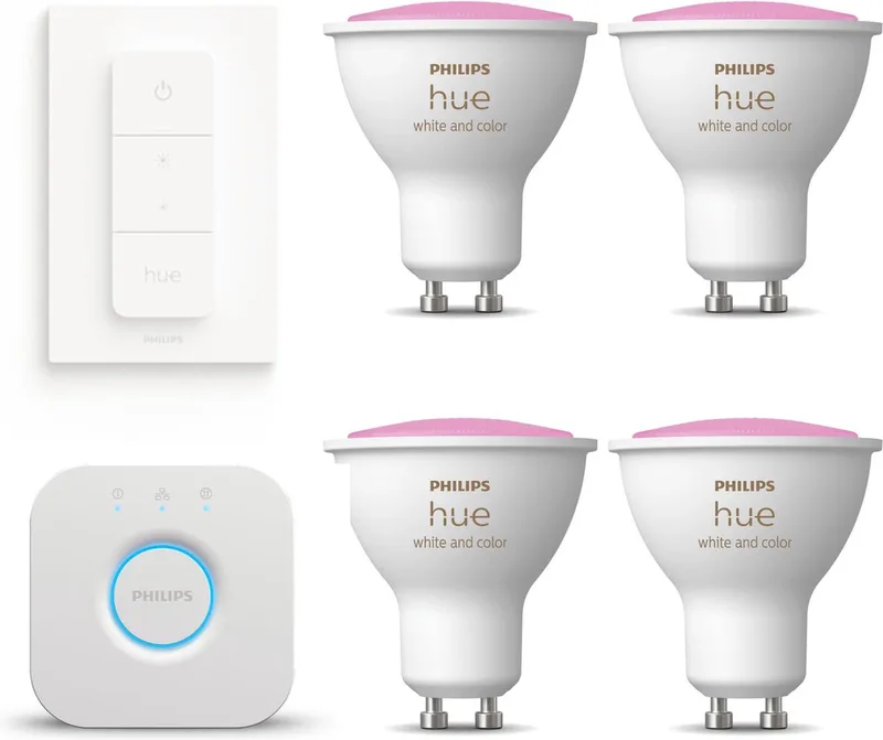 Starterspakket - GU10 - met 4 Spotjes - en Gekleurd Licht - Incl. 1 Hue Bridge, 1 Hue Dimmer Switch - Hue White and Color Ambiance by Philips Hue in White – product photo