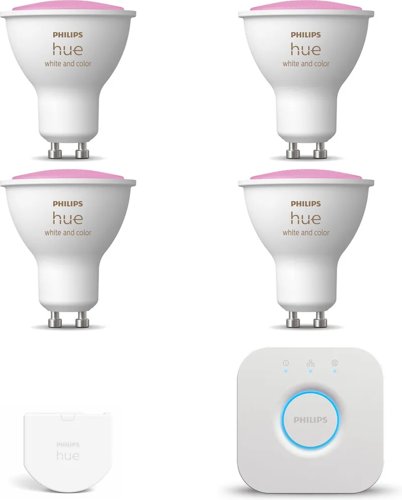 Starterspakket - GU10 - met 4 Spotjes - en Gekleurd Licht - Incl. 1 Hue Bridge, 1 Hue Wall Switch - Hue White and Color Ambiance by Philips Hue in White – product photo