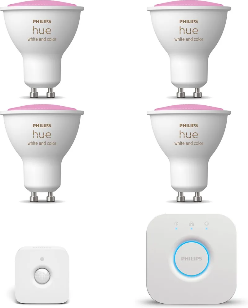 Starterspakket - GU10 - met 4 Spotjes - en Gekleurd Licht - Incl. 1 Hue Bridge, 1 Hue Bewegingssensor voor Binnen - Hue White and Color Ambiance by Philips Hue in White – product photo