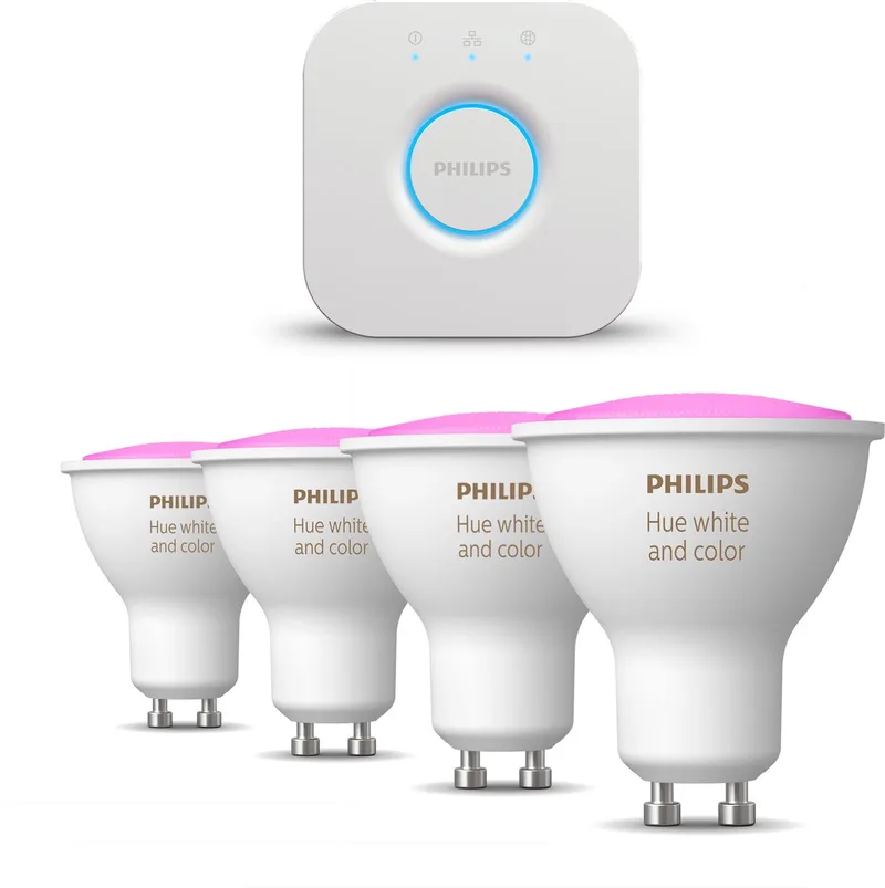 Starterspakket - GU10 - met 4 Spotjes - en Gekleurd Licht - Incl. 1 Hue Bridge - Hue White and Color Ambiance by Philips Hue in White – product photo