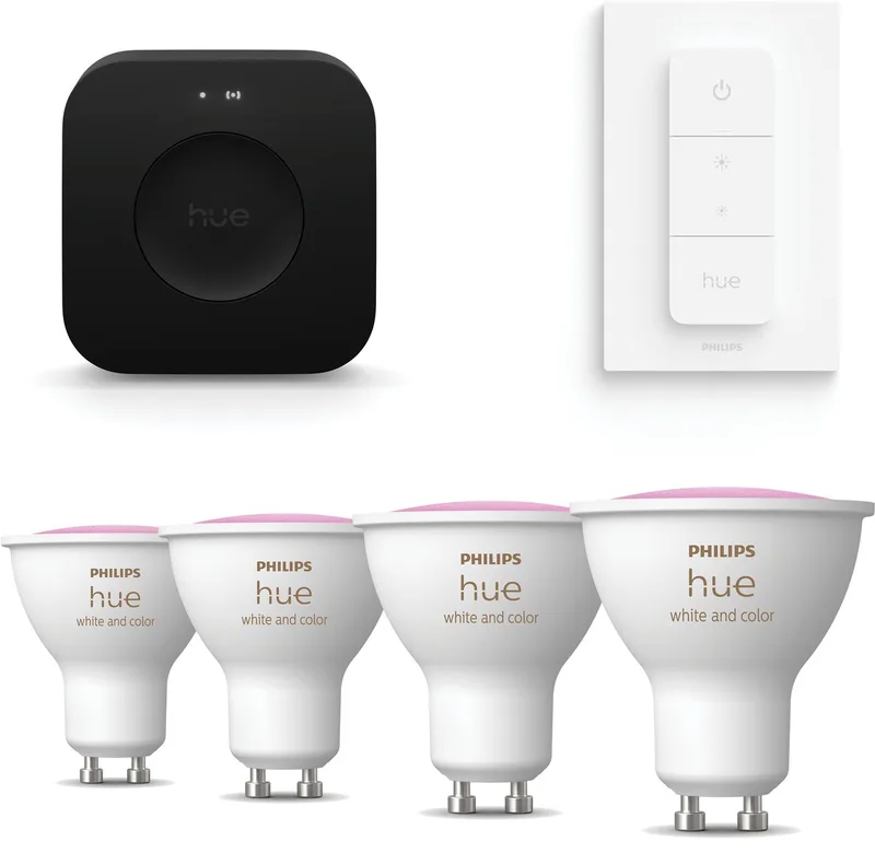 Starterspakket - GU10 - met 4 Spotjes - en Gekleurd Licht - Incl. Hue Bridge Pro, Hue Dimmer Switch - Hue White and Color Ambiance från Philips Hue i Vit – produktbild