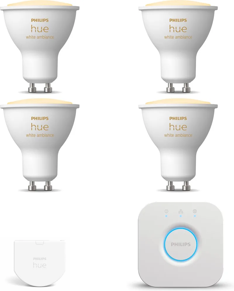 Starterspakket - GU10 - met 4 Spotjes - Warm tot Koelwit Licht - Incl. 1 Hue Bridge, 1 Hue Wall Switch - Hue White Ambiance fra Philips Hue i Hvid – produktbillede