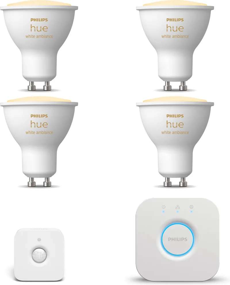 Starterspakket - GU10 - met 4 Spotjes - Warm tot Koelwit Licht - Incl. 1 Hue Bridge, 1 Hue Bewegingssensor voor Binnen - Hue White Ambiance från Philips Hue i Vit – produktbild