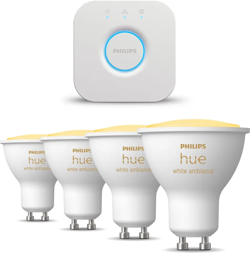 Starterspakket - GU10 - met 4 Spotjes - Warm tot Koelwit Licht - Incl. 1 Hue Bridge - Hue White Ambiance by Philips Hue in White – product photo
