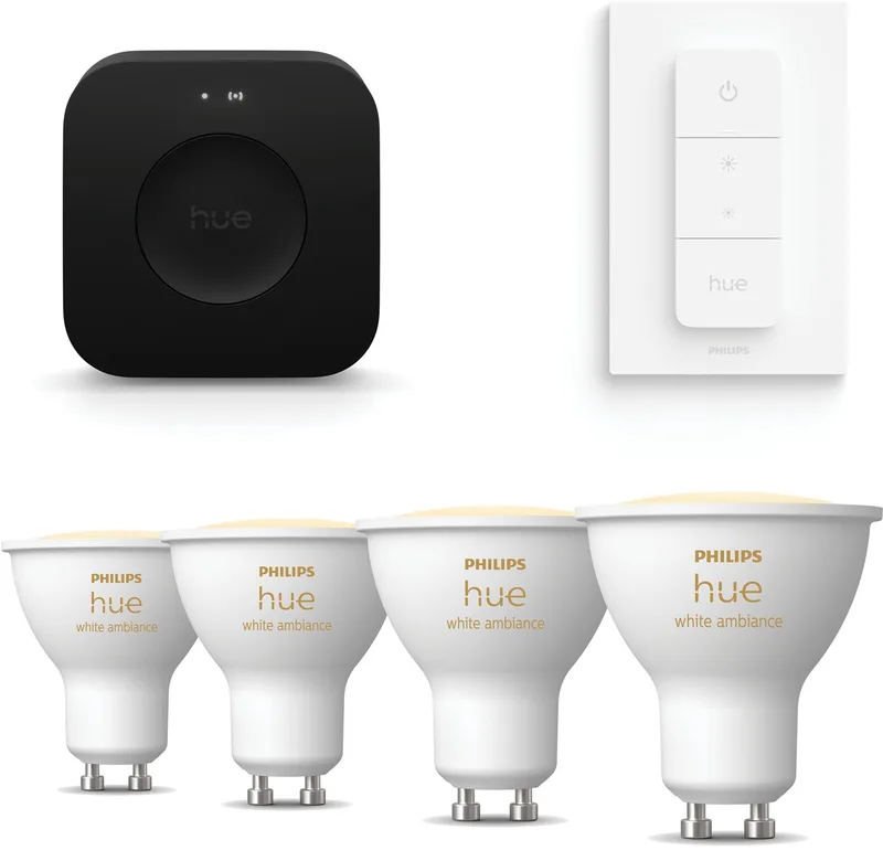 Starterspakket - GU10 - met 4 Spotjes - Warm tot Koelwit Licht - Incl. Hue Bridge Pro, Hue Dimmer Switch - Hue White Ambiance från Philips Hue i Vit – produktbild