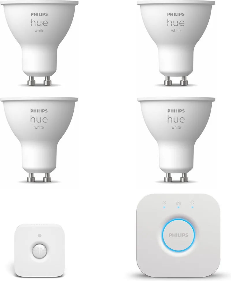 Starterspakket - GU10 - met 4 Spotjes - Warmwit Licht - Incl. 1 Hue Bridge, 1 Hue Bewegingssensor voor Binnen - Hue White de Philips Hue en Blanc – photo produit