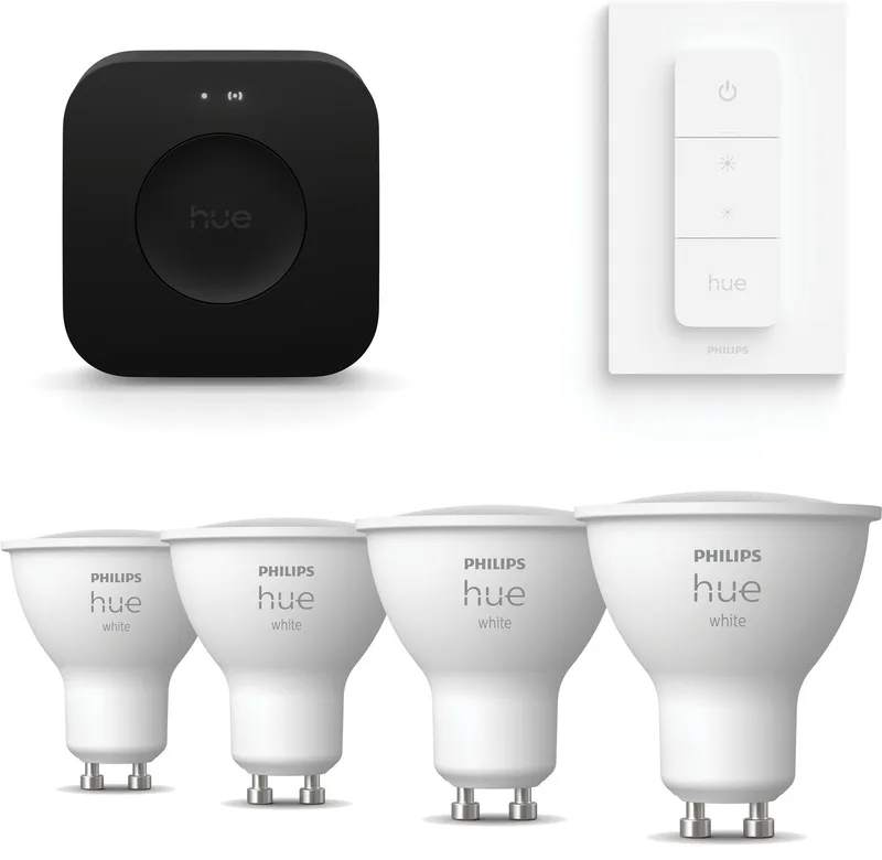 Starterspakket - GU10 - met 4 Spotjes - Warmwit Licht - Incl. Hue Bridge Pro, Hue Dimmer Switch - Hue White de Philips Hue en Blanc – photo produit