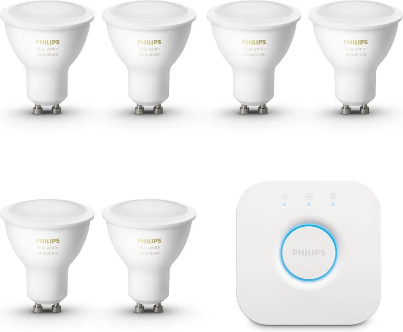 Starterspakket - GU10 - met 6 Spotjes - Warm tot Koelwit Licht - Incl. 1 Hue Bridge - Hue White Ambiance by Philips Hue in White – product photo
