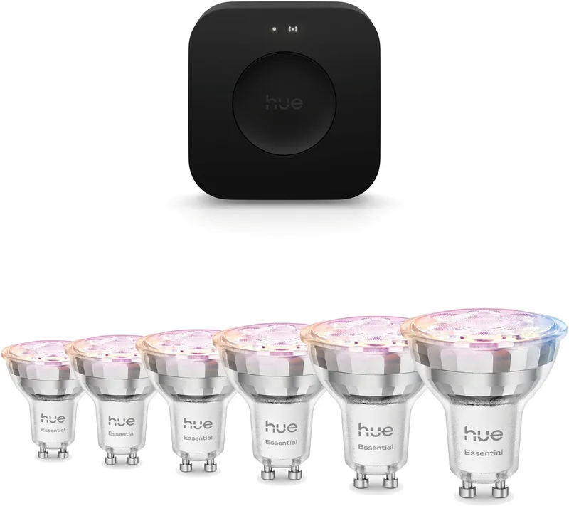 Starterspakket - GU10 - met 6 Spotjes - Wit en Gekleurd Licht - Incl. Hue Bridge Pro - Hue White an Color Ambiance Essentials by Philips Hue in Black – product photo