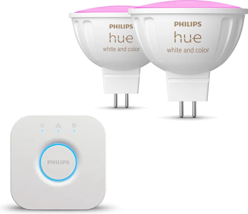 Starterspakket - GU5.3 - met 2 Spotjes (MR16) - 12V - en Gekleurd Licht - Incl. 1 Hue Bridge - Hue White and Color Ambiance by Philips Hue in White – product photo