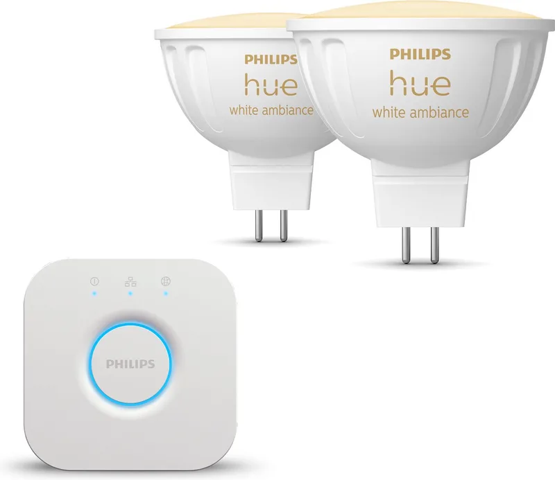 Starterspakket - GU5.3 - met 2 Spotjes (MR16) - 12V - Warm tot Koelwit Licht - Incl. 1 Hue Bridge - Hue White Ambiance by Philips Hue in White – product photo