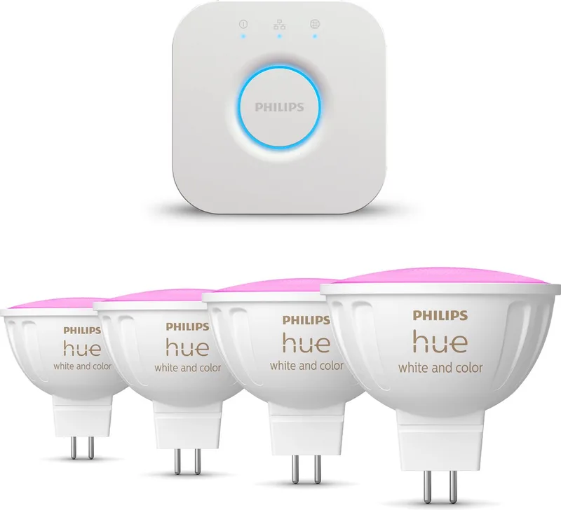 Starterspakket - GU5.3 - met 4 Spotjes (MR16) - 12V - en Gekleurd Licht - Incl. 1 Hue Bridge - Hue White and Color Ambiance by Philips Hue in White – product photo