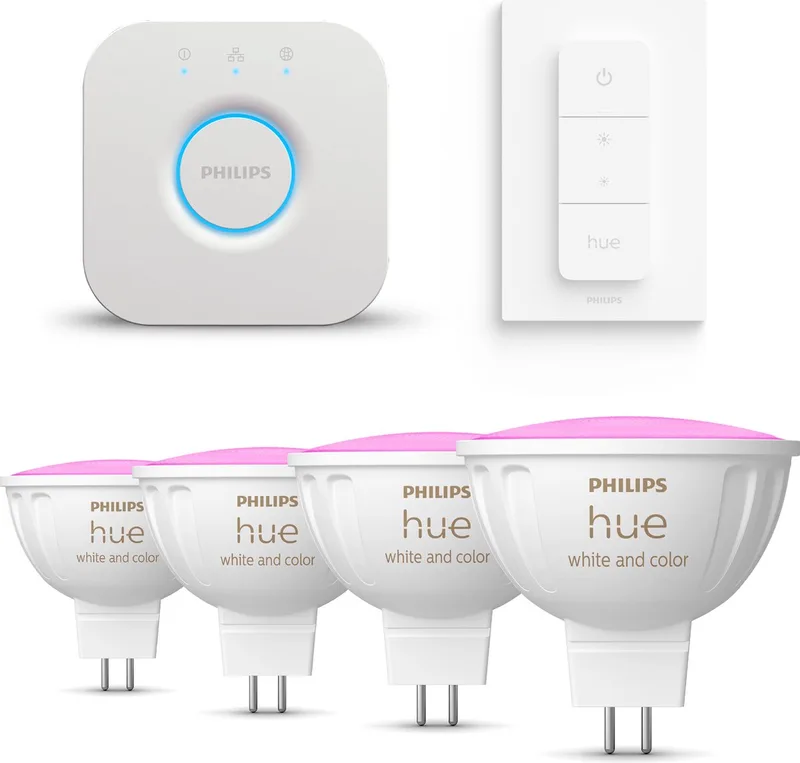 Starterspakket - GU5.3 - met 4 Spotjes (MR16) - 12V - en Gekleurd Licht - Incl. 1 Hue Bridge, 1 Hue Dimmer Switch - Hue White and Color Ambiance by Philips Hue in White – product photo