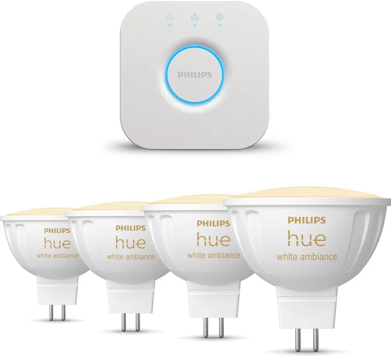 Starterspakket - GU5.3 - met 4 Spotjes (MR16) - 12V - Warm tot Koelwit Licht - Incl. 1 Hue Bridge - Hue White Ambiance by Philips Hue in White – product photo