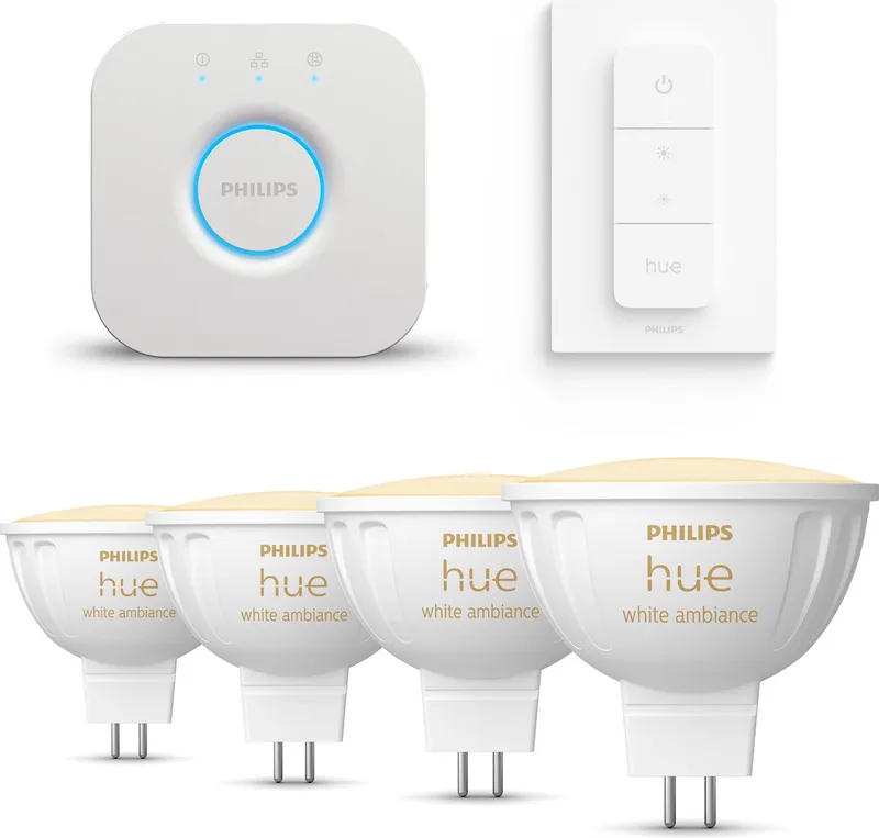 Starterspakket - GU5.3 - met 4 Spotjes (MR16) - 12V - Warm tot Koelwit Licht - Incl. 1 Hue Bridge, 1 Hue Dimmer Switch - Hue White Ambiance by Philips Hue in White – product photo
