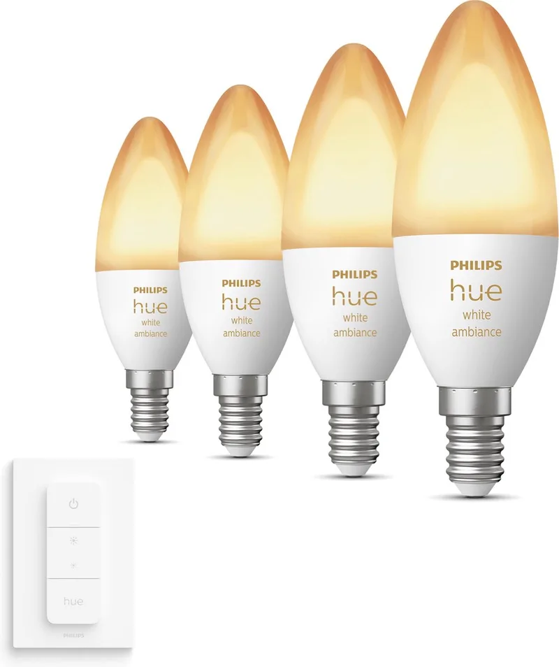 Uitbreidingspakket - E14 - met 4 Kaarslampen - Warm tot Koelwit Licht - Incl. 1 Hue Dimmer Switch - Hue White Ambiance van Philips Hue – productfoto
