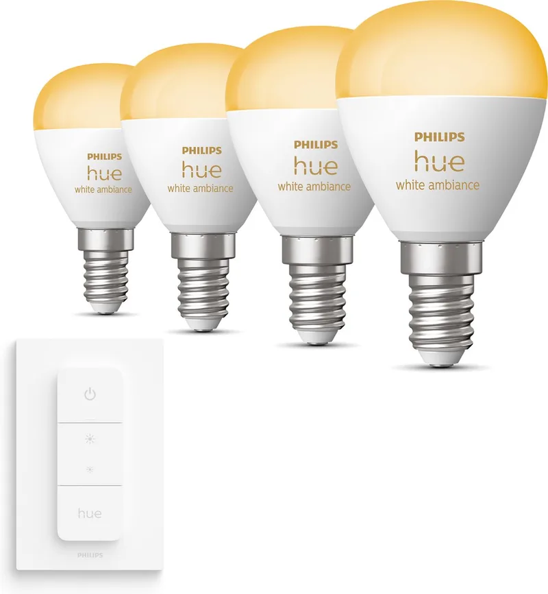 Uitbreidingspakket - E14 - met 4 Kogellampen - Warm tot Koelwit Licht - Incl. 1 Hue Dimmer Switch - Hue White Ambiance van Philips Hue – productfoto