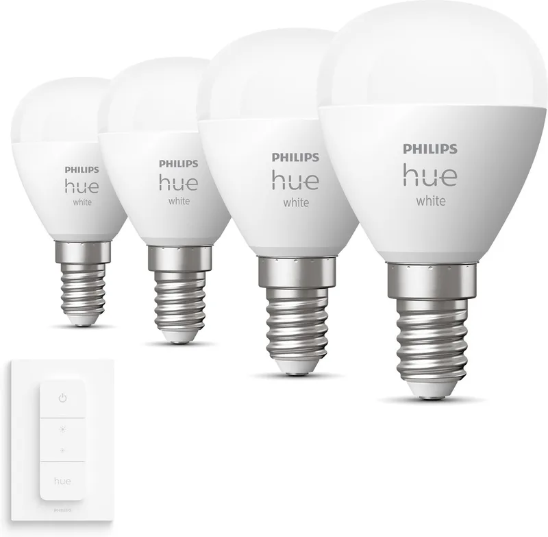Uitbreidingspakket - E14 - met 4 Kogellampen - Warmwit Licht - Incl. 1 Hue Dimmer Switch - Hue White de Philips Hue – photo produit