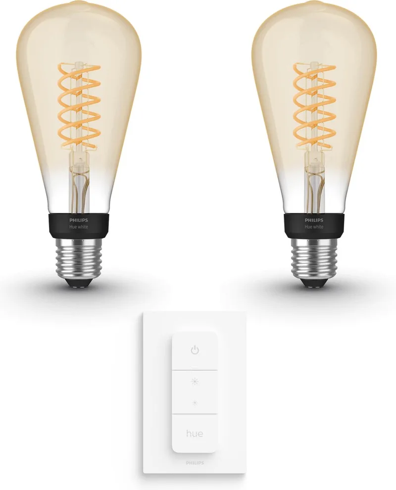 Uitbreidingspakket - E27 - met 2 Filament Edisonlampen Groot (ST72) - Warmwit Licht - Incl. 1 Hue Dimmer Switch - Hue White Filament van Philips Hue – productfoto
