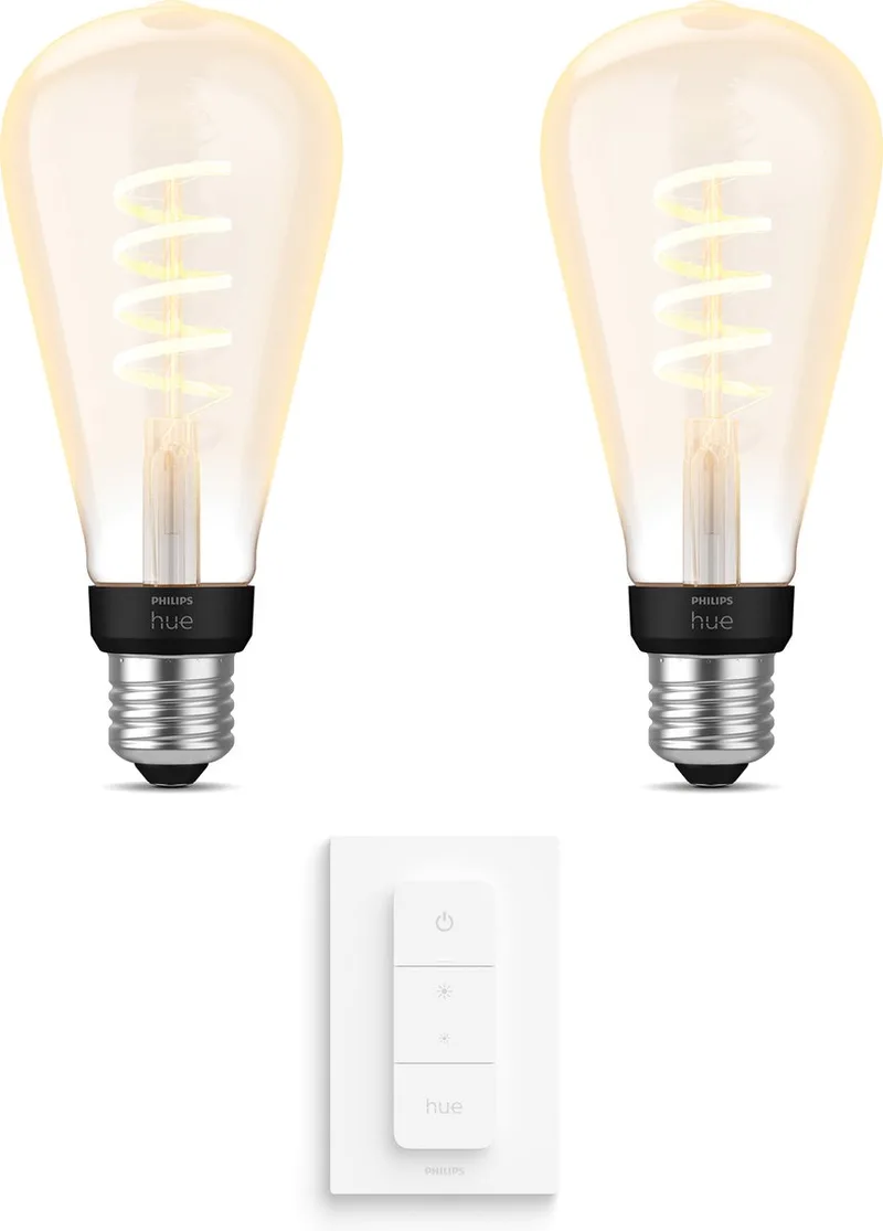 Uitbreidingspakket - E27 - met 2 Filament Edisonlampen Groot (ST72) - Warm tot Koelwit Licht - Incl. 1 Hue Dimmer Switch - Hue White Ambiance Filament fra Philips Hue – produktbillede
