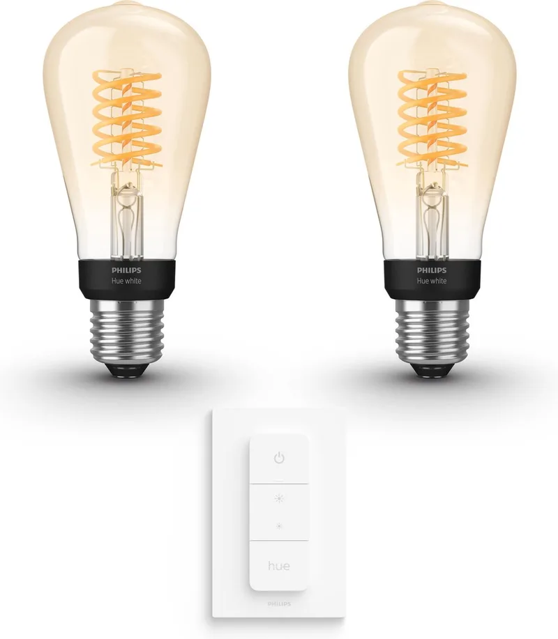Uitbreidingspakket - E27 - met 2 Filament Edisonlampen Klein (ST64) - Warmwit Licht - Incl. 1 Hue Dimmer Switch - Hue White Filament de Philips Hue – photo produit