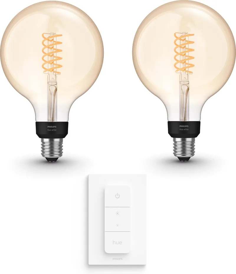 Uitbreidingspakket - E27 - met 2 Filament Globelampen Groot (G125) - Warmwit Licht - Incl. 1 Hue Dimmer Switch - Hue White Filament de Philips Hue – photo produit