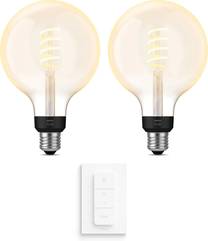 Uitbreidingspakket - E27 - met 2 Filament Globelampen Groot (G125) - Warm tot Koelwit Licht - Incl. 1 Hue Dimmer Switch - Hue White Ambiance Filament van Philips Hue – productfoto