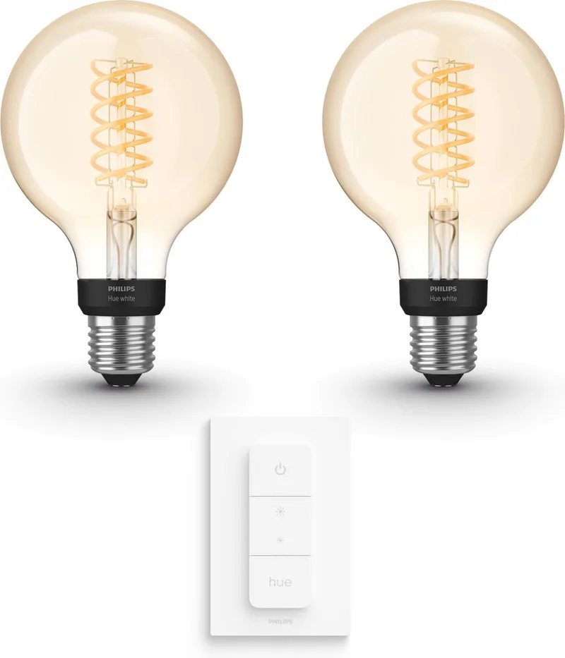 Uitbreidingspakket - E27 - met 2 Filament Globelampen Klein (G93) - Warmwit Licht - Incl. 1 Hue Dimmer Switch - Hue White Filament de Philips Hue – photo produit