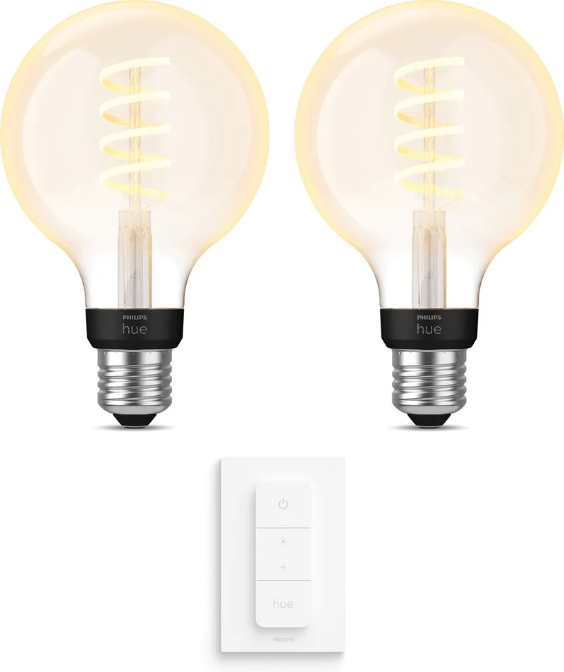 Uitbreidingspakket - E27 - met 2 Filament Globelampen Klein (G93) - Warm tot Koelwit Licht - Incl. 1 Hue Dimmer Switch - Hue White Ambiance Filament de Philips Hue – photo produit