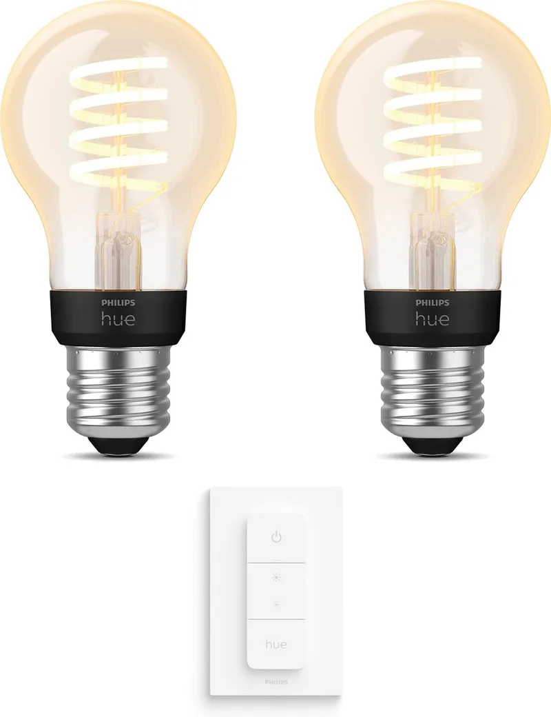 Uitbreidingspakket - E27 - met 2 Filament Standaard Lampen (A60) - Warmwit Licht - Incl. 1 Hue Dimmer Switch - Hue White Filament von Philips Hue – Produktfoto