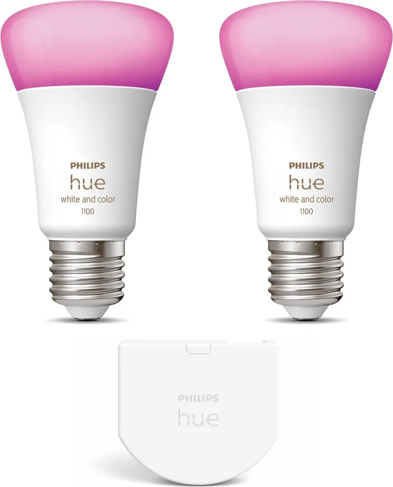 Uitbreidingspakket - E27 - met 2 Standaard Lampen - Wit en Gekleurd Licht - Incl. 1 Hue Wall Switch - Hue White and Color Ambiance de Philips Hue – photo produit