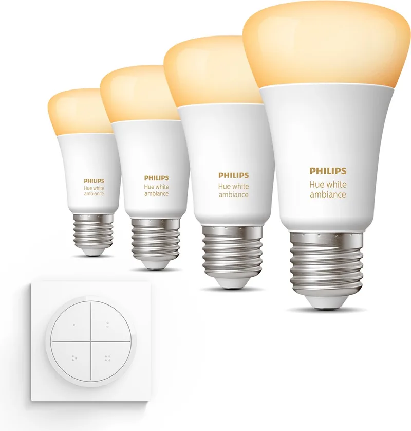 Uitbreidingspakket - E27 - met 4 Standaard Lampen - Warm tot Koelwit Licht - Incl. 1 Hue Dial Switch (Wit) - Hue White Ambiance von Philips Hue – Produktfoto