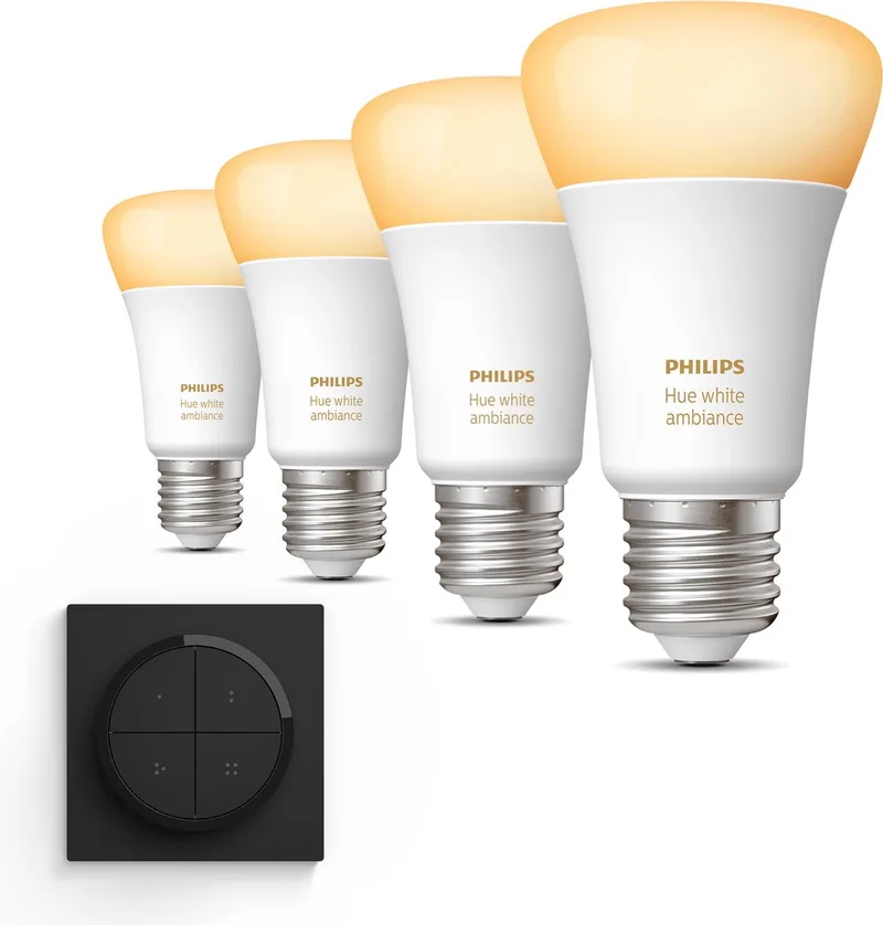 Uitbreidingspakket - E27 - met 4 Standaard Lampen - Warm tot Koelwit Licht - Incl. 1 Hue Dial Switch (Zwart) - Hue White Ambiance van Philips Hue – productfoto