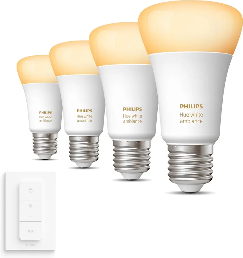 Uitbreidingspakket - E27 - met 4 Standaard Lampen - Warm tot Koelwit Licht - Incl. 1 Hue Dimmer Switch - Hue White Ambiance de Philips Hue – photo produit