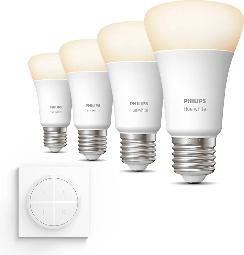 Uitbreidingspakket - E27 - met 4 Standaard Lampen - Warmwit Licht - Incl. 1 Hue Dial Switch (Wit) - Hue White de Philips Hue – photo produit
