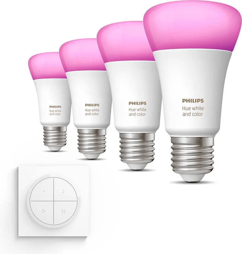 Uitbreidingspakket - E27 - met 4 Standaard Lampen - Wit en Gekleurd Licht - Incl. 1 Hue Dial Switch (Wit) - Hue White and Color Ambiance de Philips Hue – photo produit