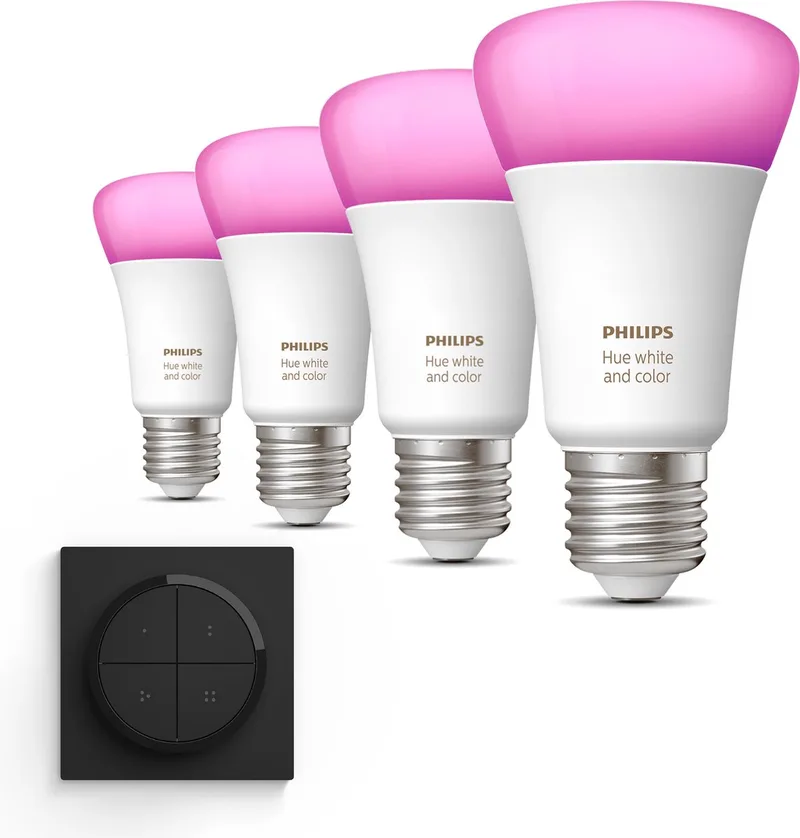 Uitbreidingspakket - E27 - met 4 Standaard Lampen - Wit en Gekleurd Licht - Incl. 1 Hue Dial Switch (Zwart) - Hue White and Color Ambiance de Philips Hue – photo produit