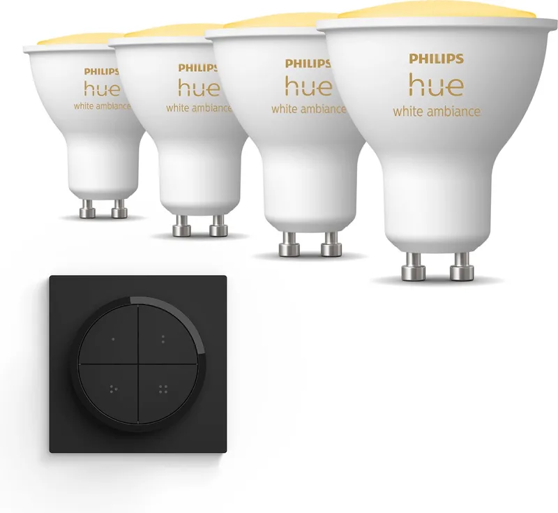 Uitbreidingspakket - GU10 - met 4 Spotjes - Warm tot Koelwit Licht - Incl. 1 Hue Dial Switch (Zwart) - Hue White Ambiance de Philips Hue – photo produit