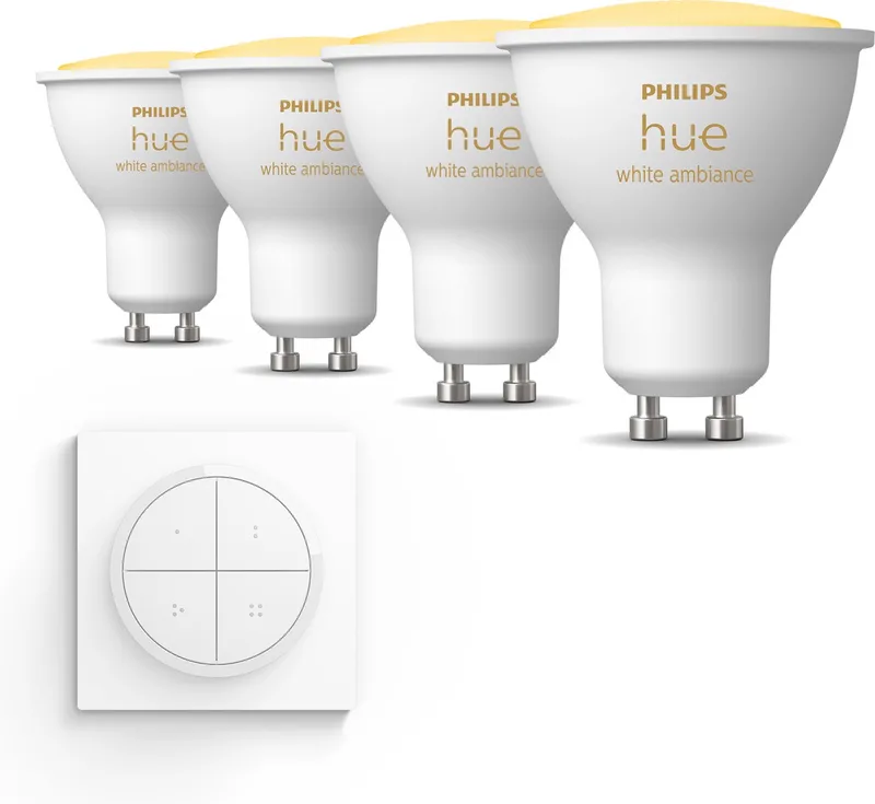 Uitbreidingspakket - GU10 - met 4 Spotjes - Warm tot Koelwit Licht - Incl. 1 Hue Dial Switch (Wit) - Hue White Ambiance de Philips Hue – photo produit