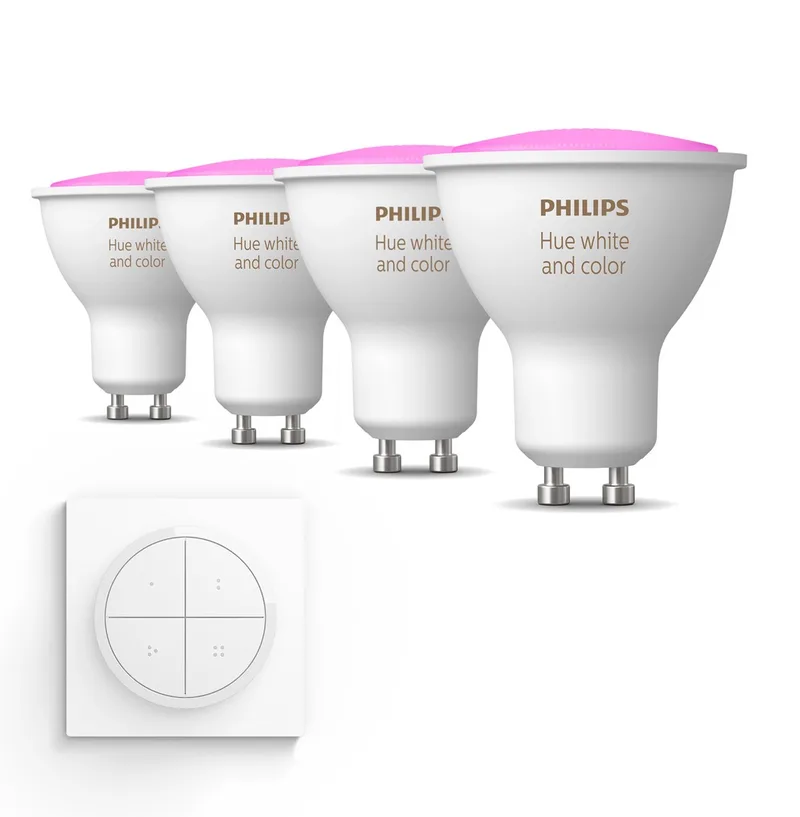 Uitbreidingspakket - GU10 - met 4 Spotjes - Wit en Gekleurd Licht - Incl. 1 Hue Dial Switch (Wit) - Hue White and Color Ambiance de Philips Hue – photo produit