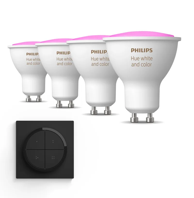 Uitbreidingspakket - GU10 - met 4 Spotjes - Wit en Gekleurd Licht - Incl. 1 Hue Dial Switch (Zwart) - Hue White and Color Ambiance de Philips Hue – photo produit