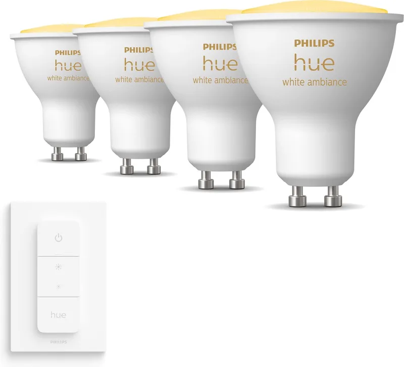 Uitbreidingspakket White Ambiance GU10 - 4 Hue Lampen en Dimmer Switch - Warm tot Koelwit Licht - Dimbaar de Philips Hue – photo produit