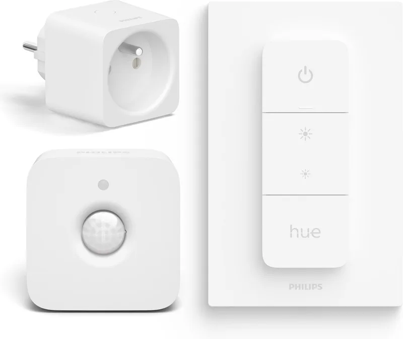 Voordeelbundel met 1 Hue Slimme Stekker België en Frankrijk (Type E), 1 Dimmer Switch en 1 Hue Bewegingssensor Binnen - Hue Accessoires van Philips Hue in Wit – productfoto
