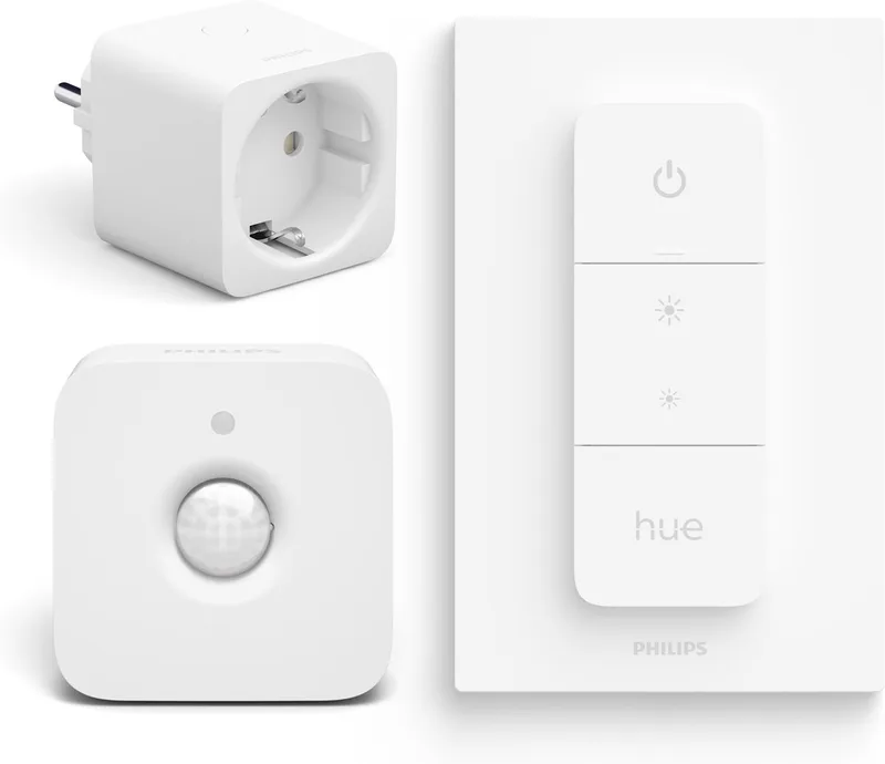 Voordeelbundel met 1 Hue Slimme Stekker Nederland en EU (Type F), 1 Hue Dimmer Switch en 1 Hue Bewegingssensor voor Binnen - Hue Accessoires by Philips Hue in White – product photo