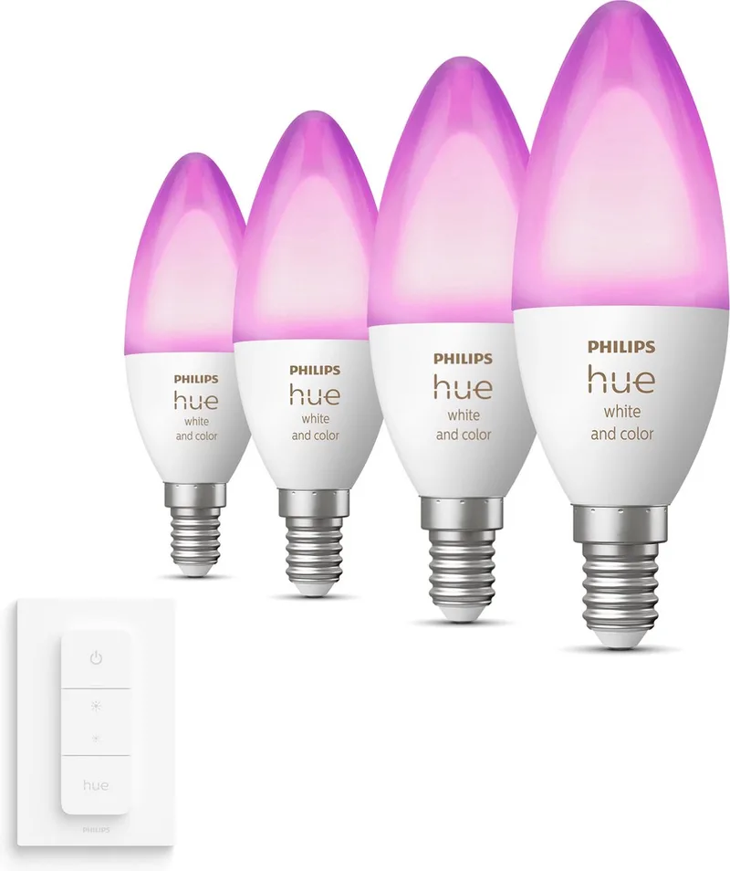Voordeelpakket - E14 - met 4 Kaarslampen - Wit en Gekleurd Licht - Incl. 1 Hue Dimmer Switch - Hue White and Color Ambiance de Philips Hue – photo produit
