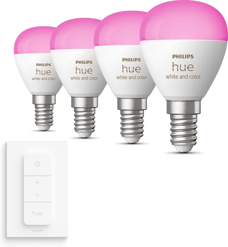 Voordeelpakket - E14 - met 4 Kogellampen - Wit en Gekleurd Licht - Incl. 1 Hue Dimmer Switch - Hue White and Color Ambiance de Philips Hue – photo produit